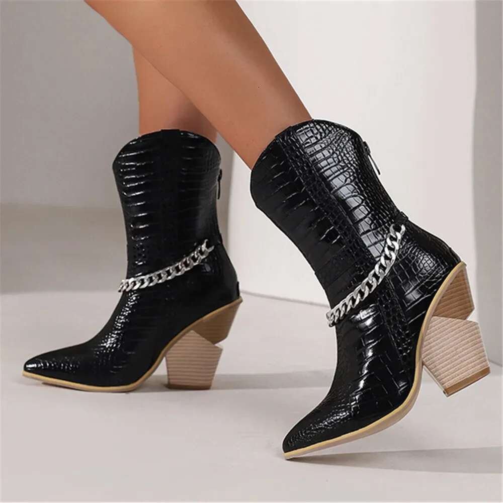 New Ankle Boots Cowboy For Women Wedge High Heel Chunky Snake Print Chain Zip Western Cowgirl Boots Pink