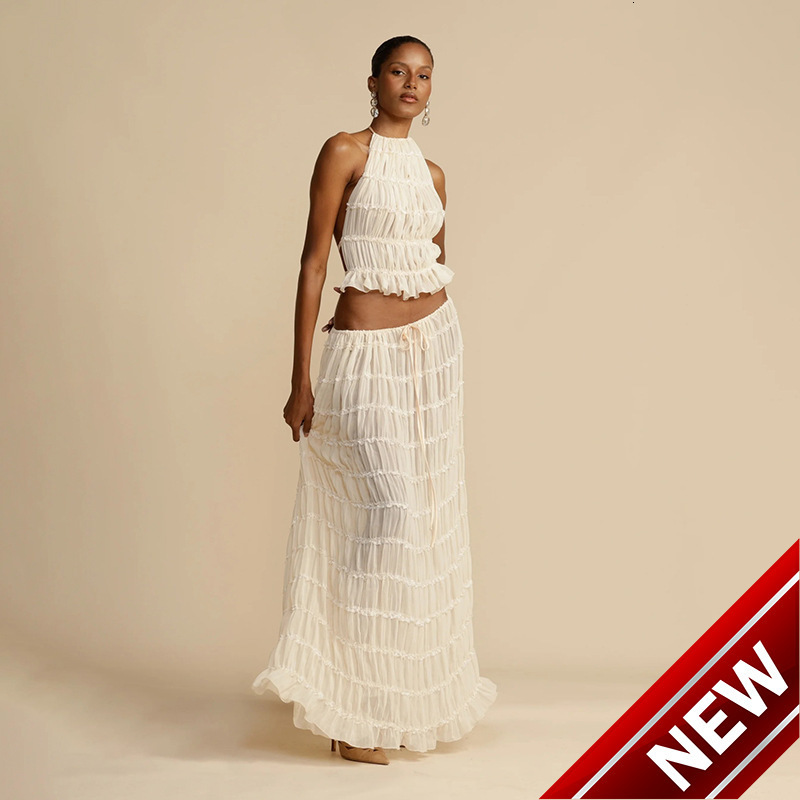 2024 Spring/Summer New Fashionable Sexy Bareback Hanging Neck Strap Chiffon Lace Long Skirt Womens Dress