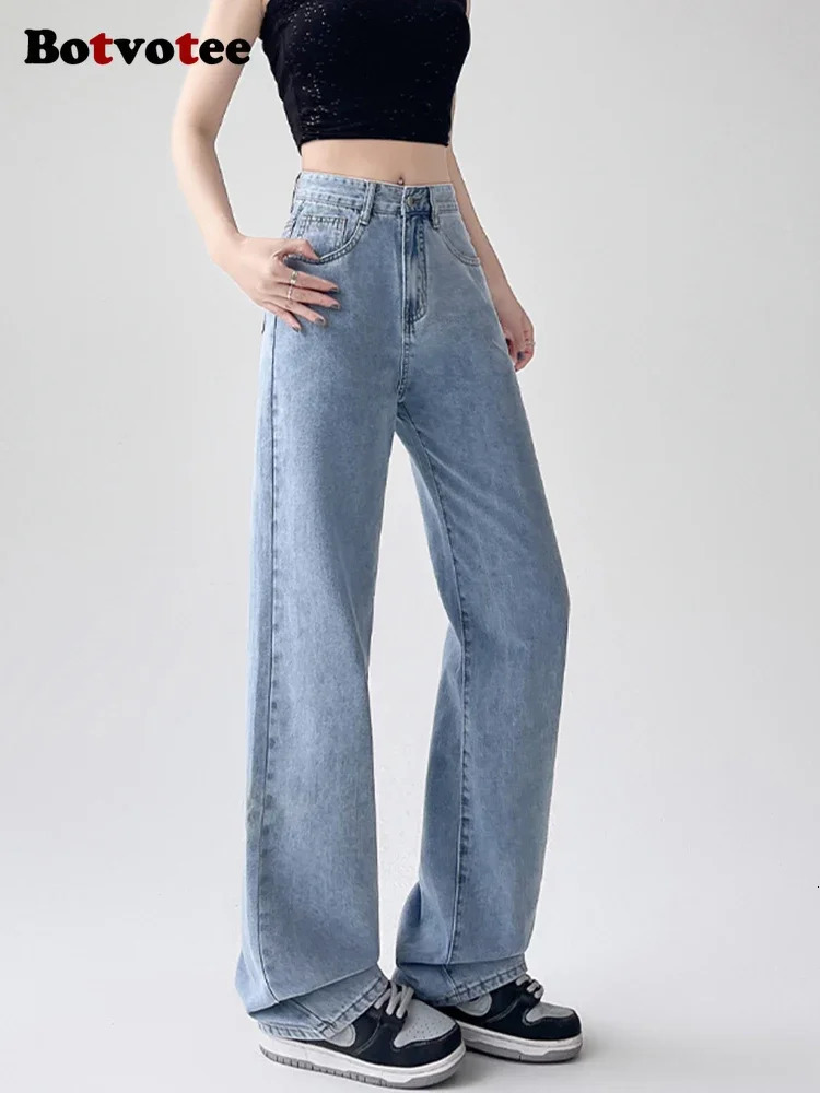 Botvotee White Straight High Waist Womens Jeans SpringSummer Korean Fashion Strap Retro Clothing Blue 250407