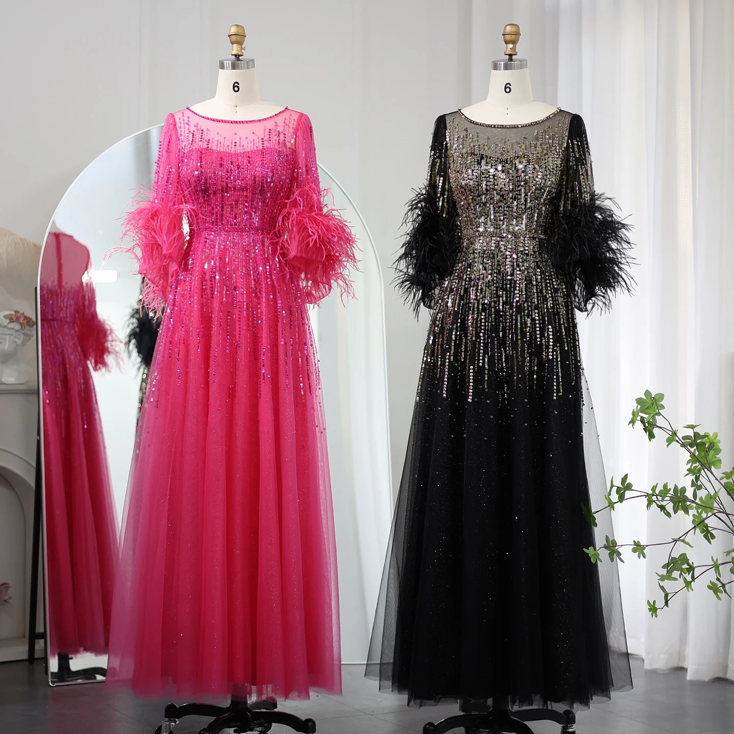 Sharon Said Feather Black Dubai Womens Fuchsia Arab Half Sleeve Wedding Party Dress SS339 Customized 250402