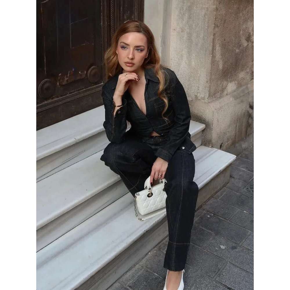 Fashion Denim Women Laple Slim Fit Blouse High Waist Pants Suit Women's Single Breasted Pockets Shirts Long Pant Set Lady Outfit