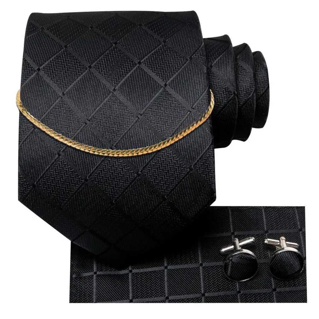 Hi-Tie Business Black Luxury Plaid Mens Tie Silk Neckties Fashion Tie Chain Hanky Cufflinks Set Design Gift For Men Wedding X250407