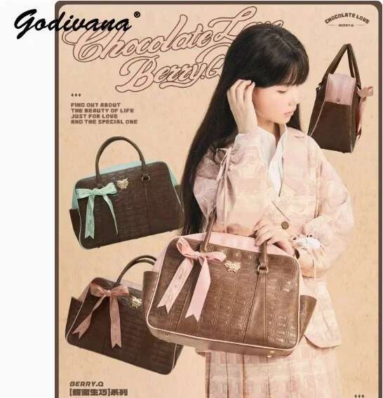 New Autumn Winter Sweet Chocolate Tote Bags Pink Mint Bow Portable Messenger Travel Bag Large-Capacity Women's Fiess Handbags
