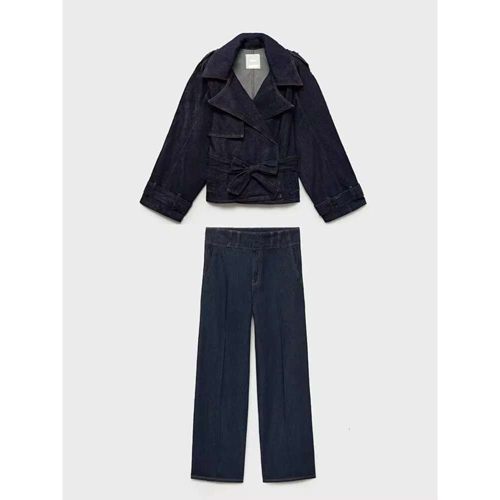 Casual Denim Jacket Pants Set Women Lace Up Lapel Pocket Single Breasted Coat Straight Jeans 2025 Spring High Street Outfit Lady