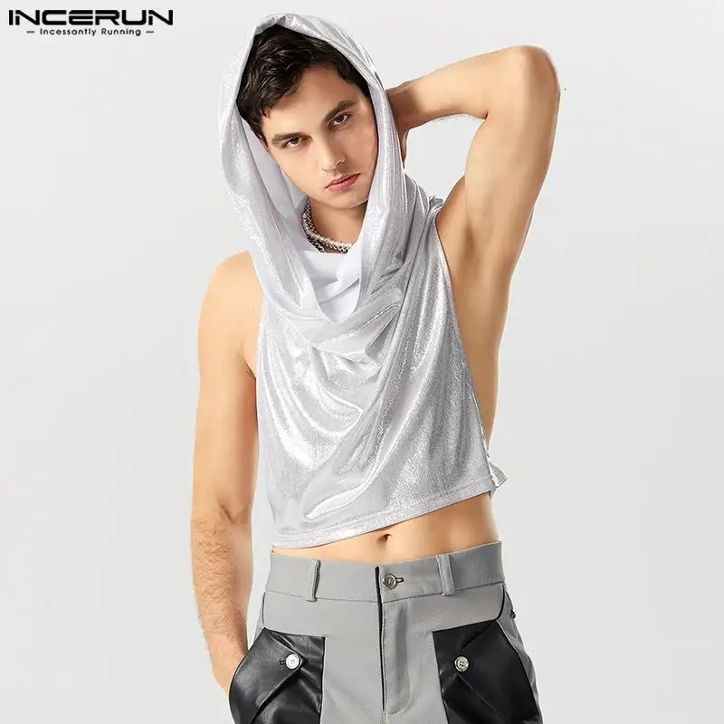 Mens Tank Top Sparkling V-neck Sleeveless Solid Irregular Vest Street Clothing Party Fashion Mens Crop Top S-5XL INCERUN 250402
