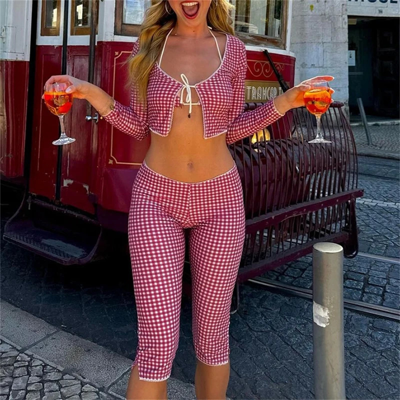Plaid Outfits Long Sleeve Tie Front Crop Tops Low Waist Capris Pants Set Vintage Cottage Slilm Fit T-shirt Women Y2k Outfits 250407