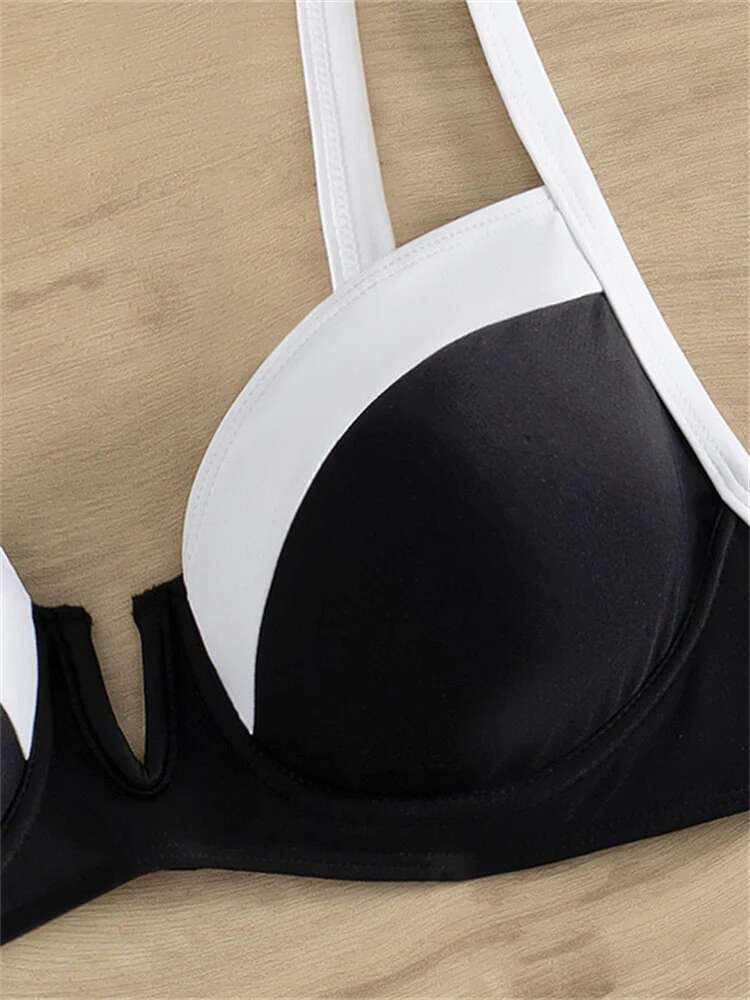 Dongdumaoyi Sexy Black White Patchwork Bikini Women Halter V Underwire Push Up Micro Swimsuit Beach Bathing Suit High Waist Swimwear