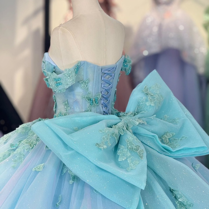 Sky Blue Shiny Princess Quinceanera Dresses Off Shoulder Bow Beading Crystal Tull Sweet 16 Dress Ball Gown Vestidos 15 Anos