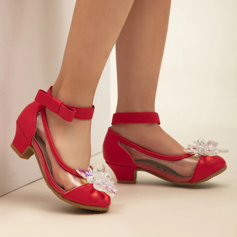 Girl Shoes Party Wedding Versatile Kids Fashion Catwalk High Heels Elegant Ankle-strap Children Princess Leather Shoes 250407
