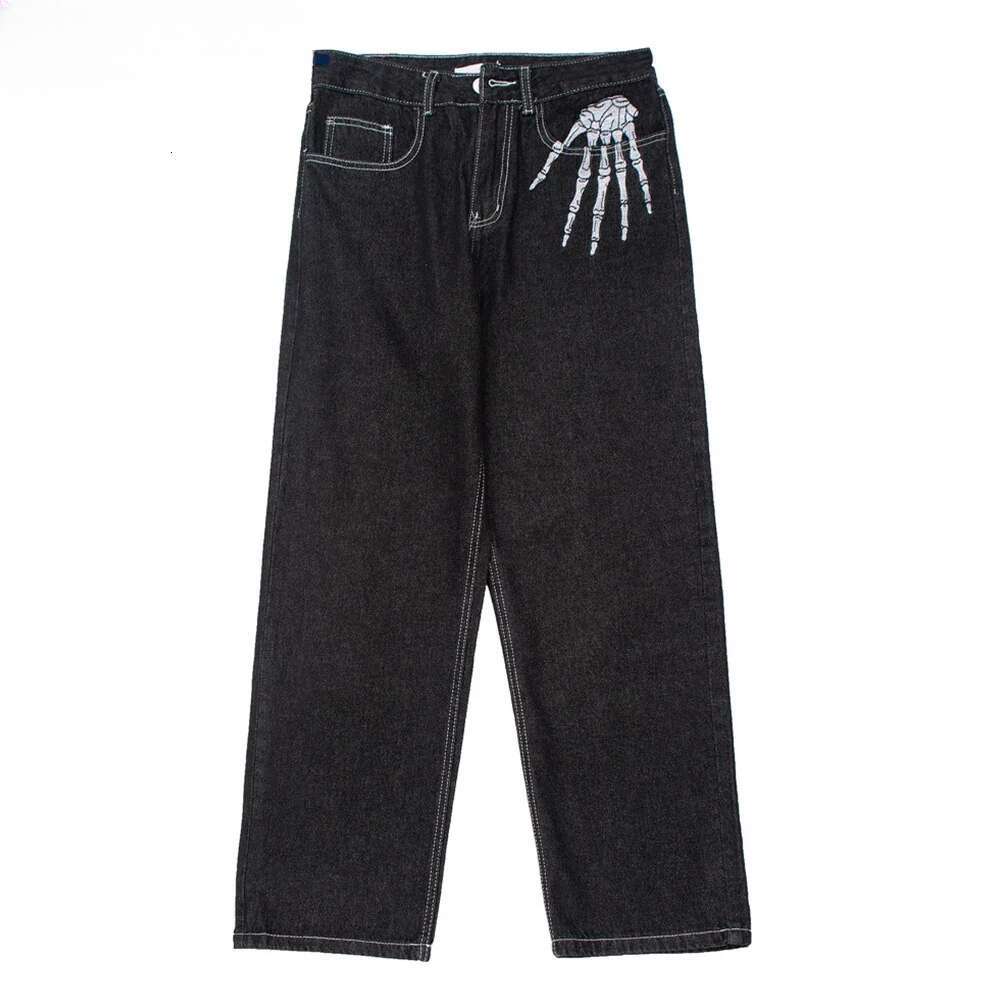 Skeleton Hand Embroidery Denim Mens High Street Wide Leg Pants Streetwear Loose Casual Trousers Jeans Men