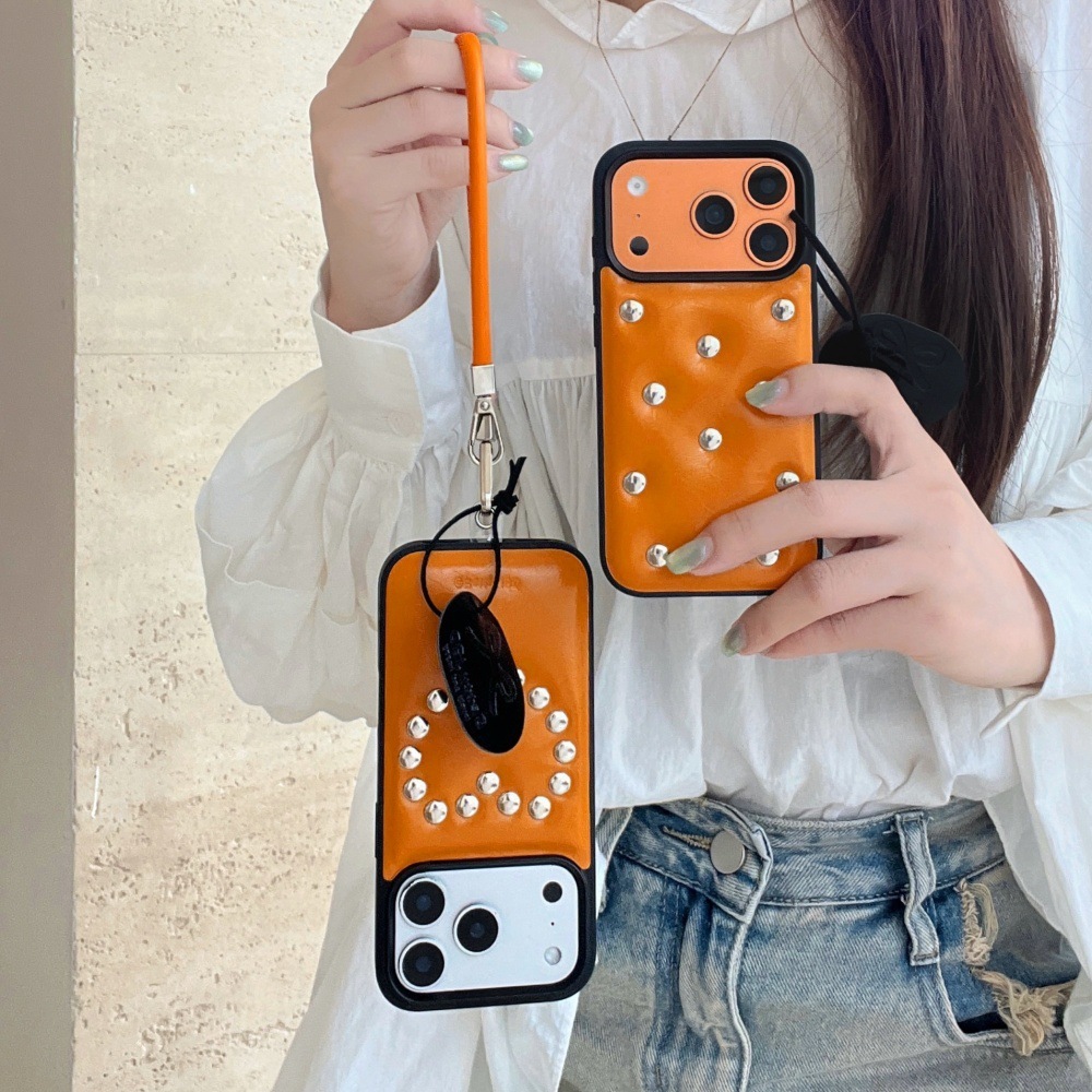 Orange Rivet Leather Phone Case Compatible with iPhone 17/16 Pro Simple Solid Color iPhone 15/14 Shockproof