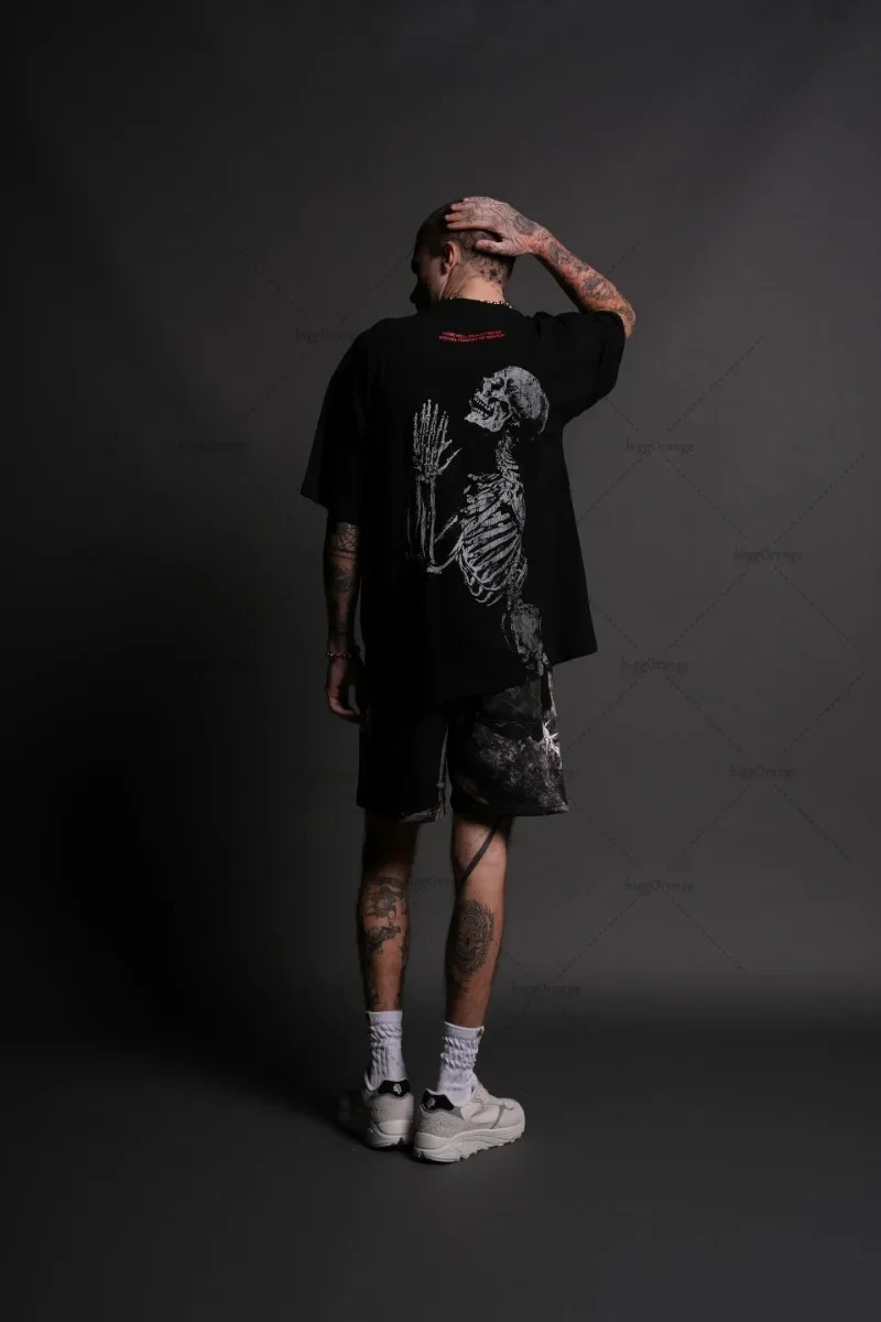 Europe and the United States vintage fashion short sleeved skull print pure cotton top personalized loose oversized mens T-shirt 250402