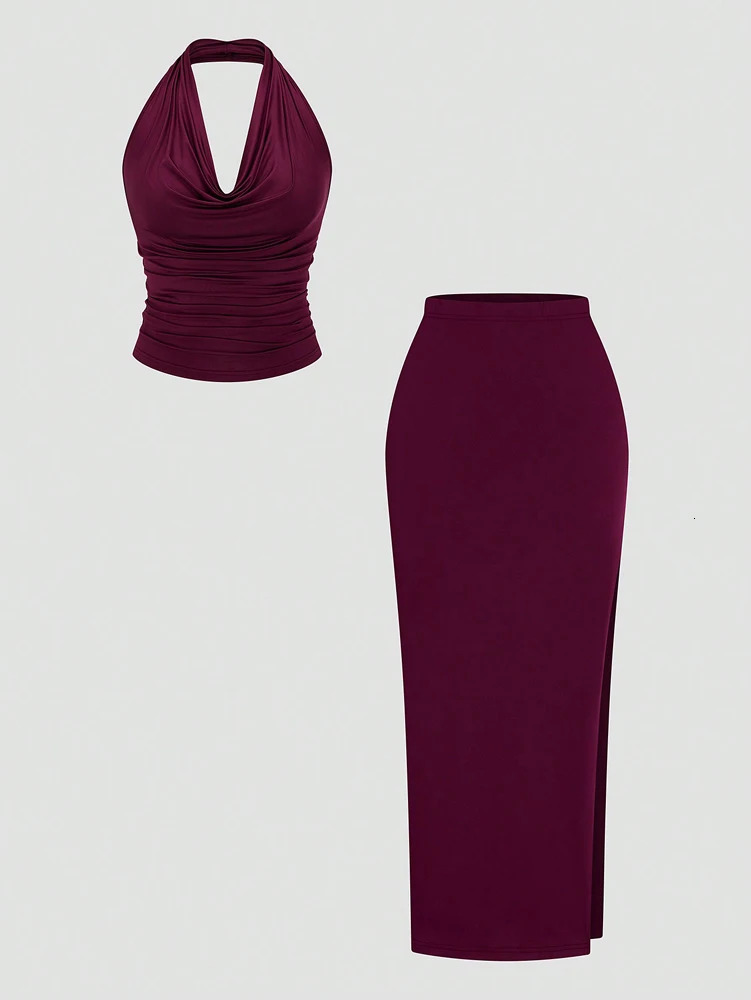 Plus Size Ms. Burgundy Sexy Romantic Urban Woman Sleeveless Neck Swing Neck Top Split Half Skirt Long Skirt Two Piece Set 250408