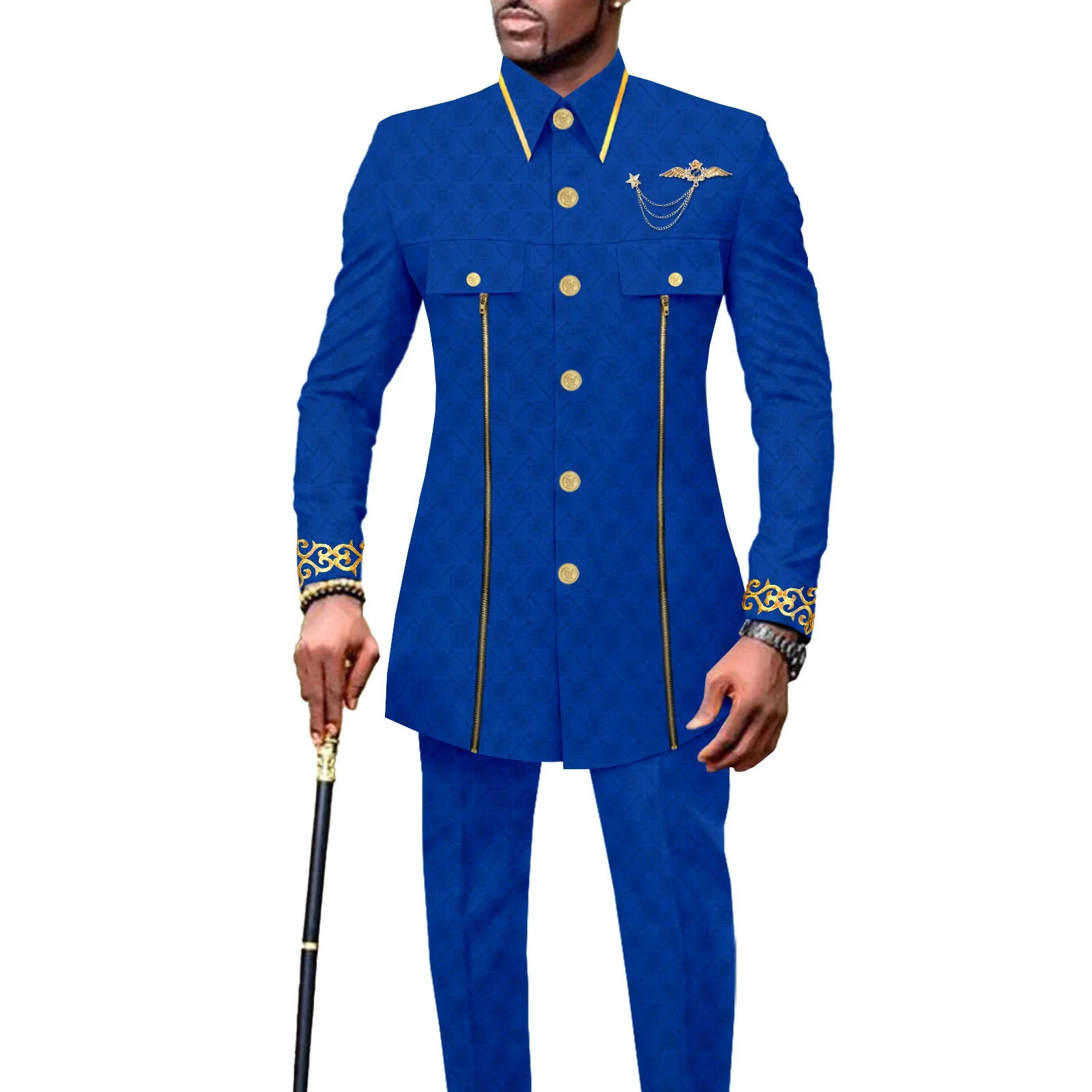 fashion casual African ethnic pure color cotton mens embroidered jacketpants 2 sets of fun suit 250408