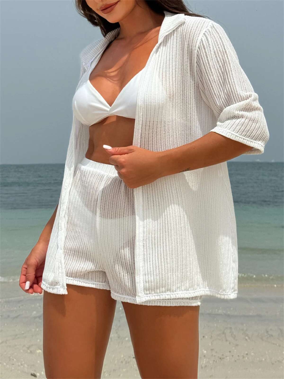 Dongdumaoyi Summer Piece Bikinis Sets Women Black White Mesh Half Sleeve Cover Up With High Waist Panties Swimsuit Bathing Suit Swimwear