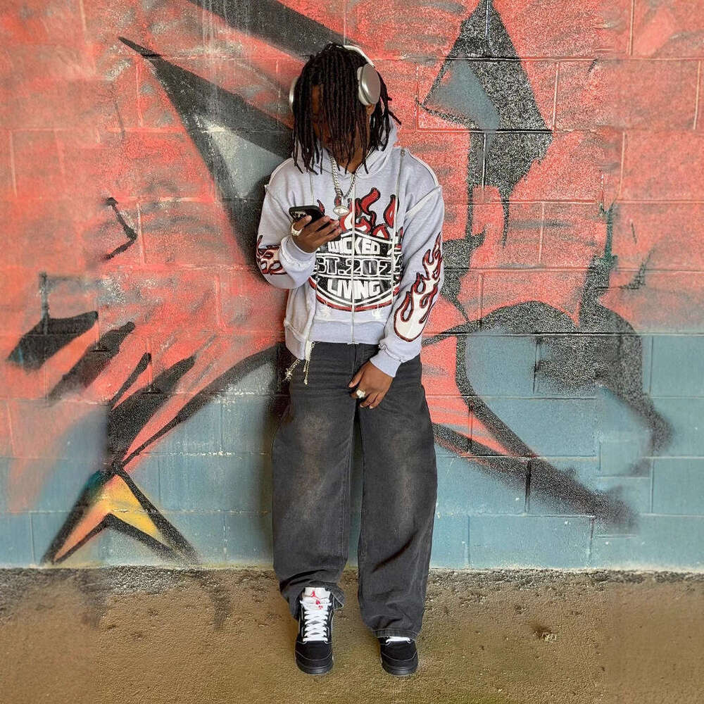 American y2k loose street style unisex spliced flame print pattern pullover hoodie