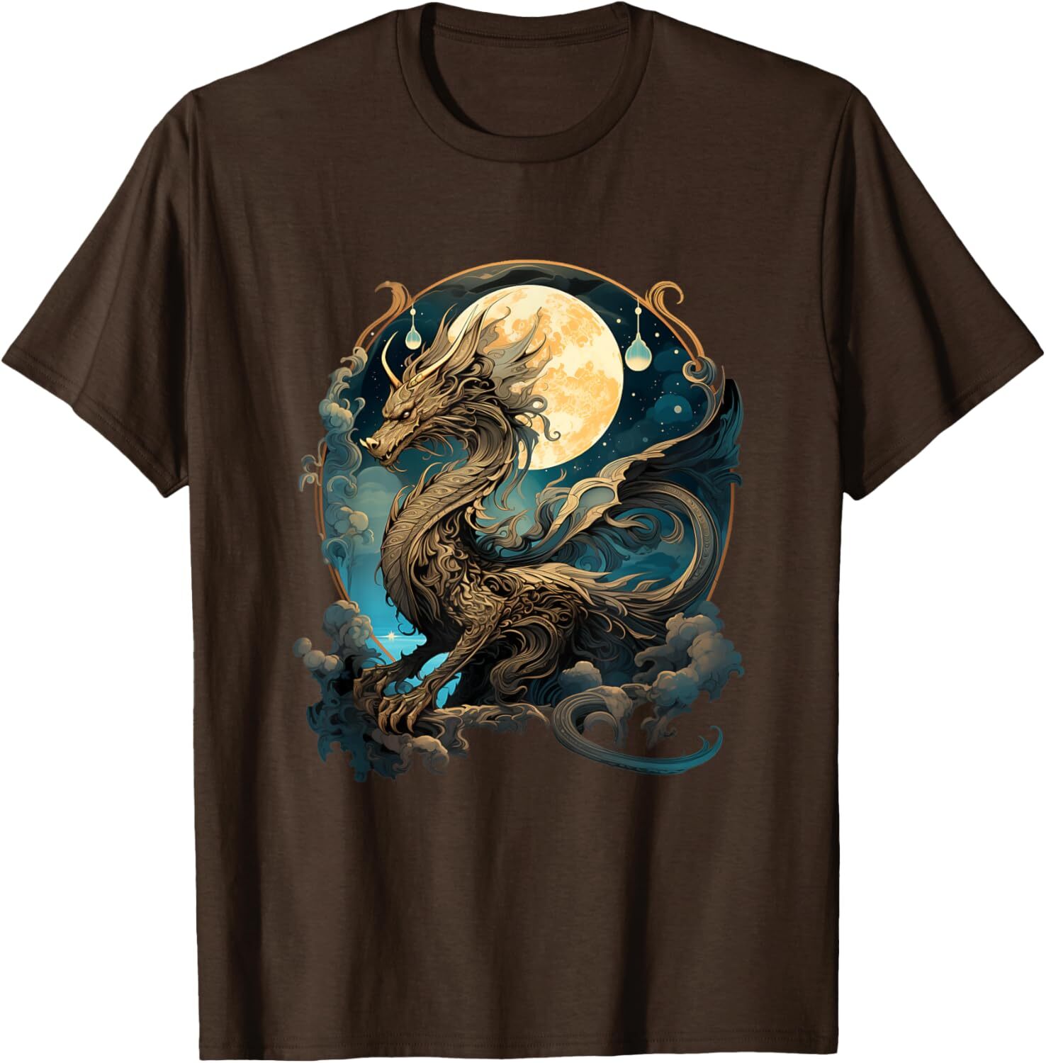 T shirt for Mens Beautiful Lunar Gold Dragon Floral Art Noveau Graphic Tee Casual Tops Clothes Short sleeve cool