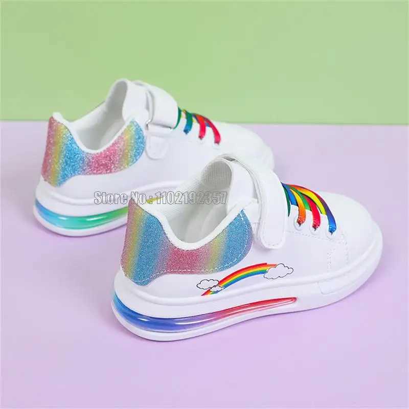 Childrens fashion rainbow colored girls white casual Pu leather air cushion autumn sports shoes W250407