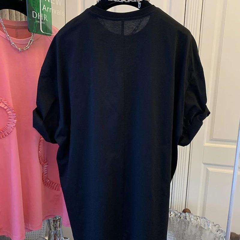 Neploe Oversize Summer O-neck T-shirt Y2k Loose Short Sleeve White Cotton T-shirt Medium Length Petal Fungal Top Womens 250402