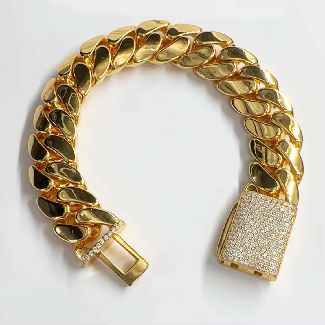 Hiphop Cuban Link Bracelet Plain Gold Plating 925 Sterling Silver Iced Out Clasp Miami Cuban Bracelet
