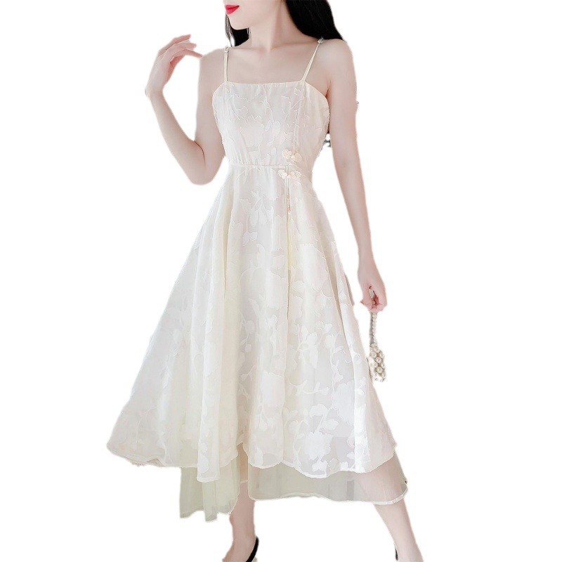 P5260 Temperament skirt female summer 2024 cheongsam improved button top suspender dress