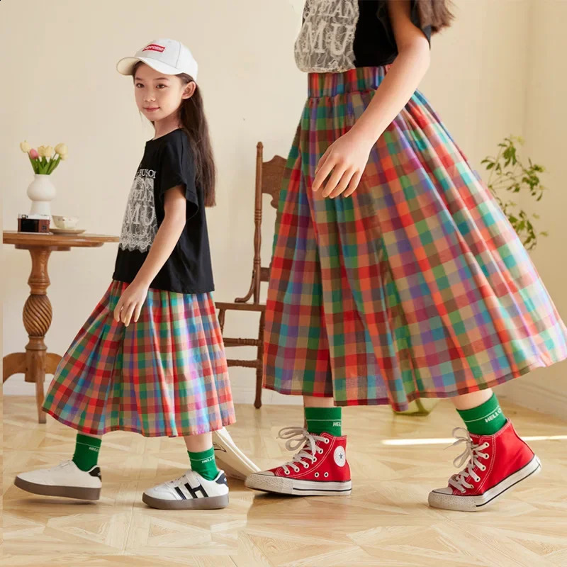 Teenager Kids Long Skirt Cotton Rainbow Plaid Skirt for Girls Spring Summer Casual Daily Simple Versatile Skirt 6 8 10 12 Years 250408