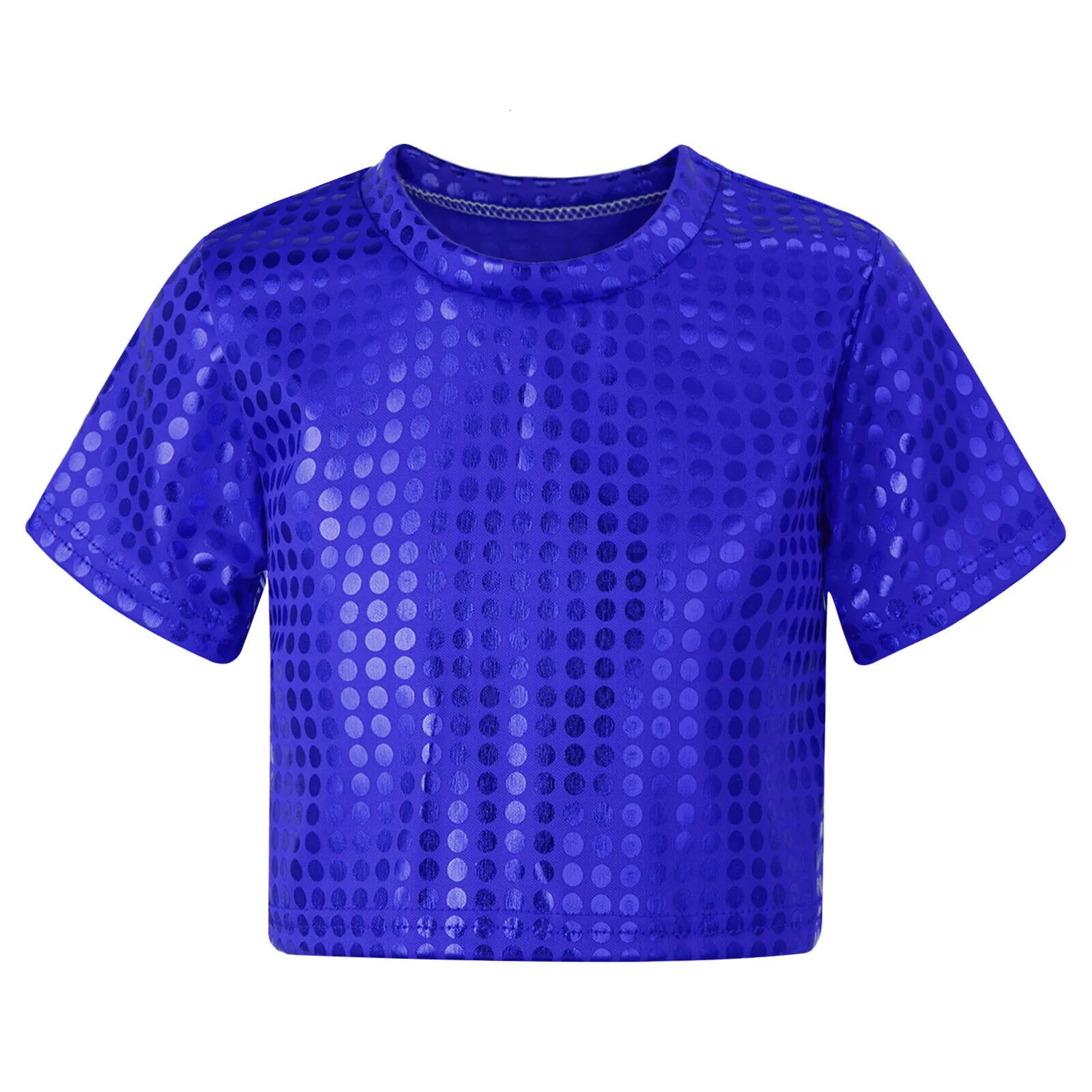 Jazz Dance Costumes Kids Boys Girls Shiny Sequins Short Sleeve Solid Color T-shirt Crop Tops Street Dance Stage Performance Wear 250407