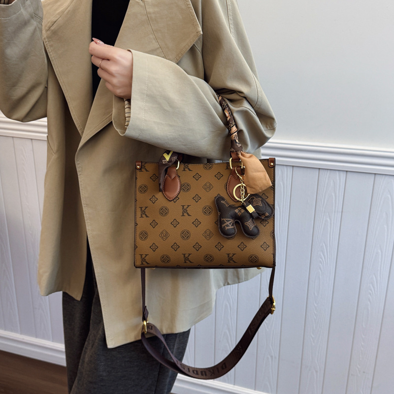 Free Shipping Brown Monogram Tote Bag Scarf Decoration & Bear Charm Retro Casual Large-Capacity Commuter Bag