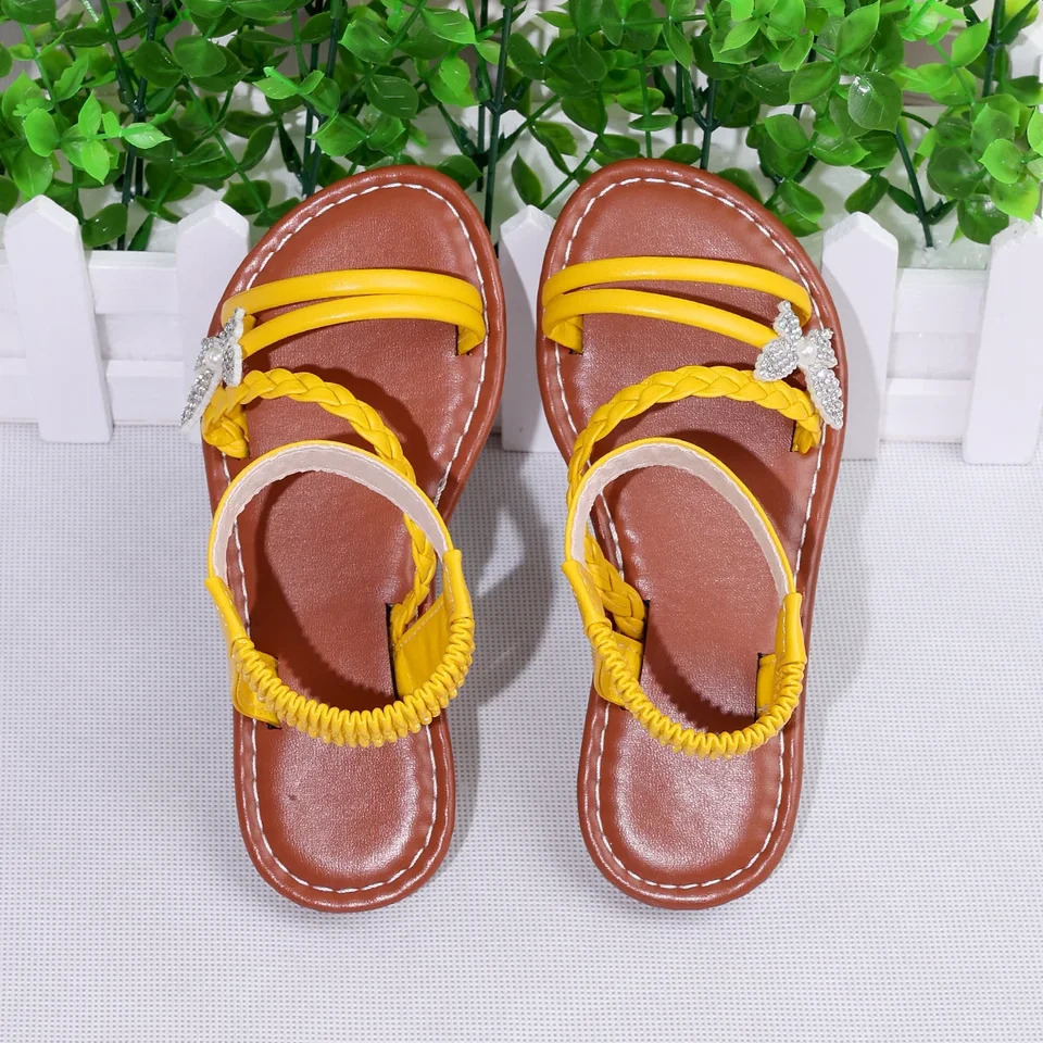 Diamond bow childrens sandals comfortable and cute princess shoes white and yellow woven for girls shoes 250407