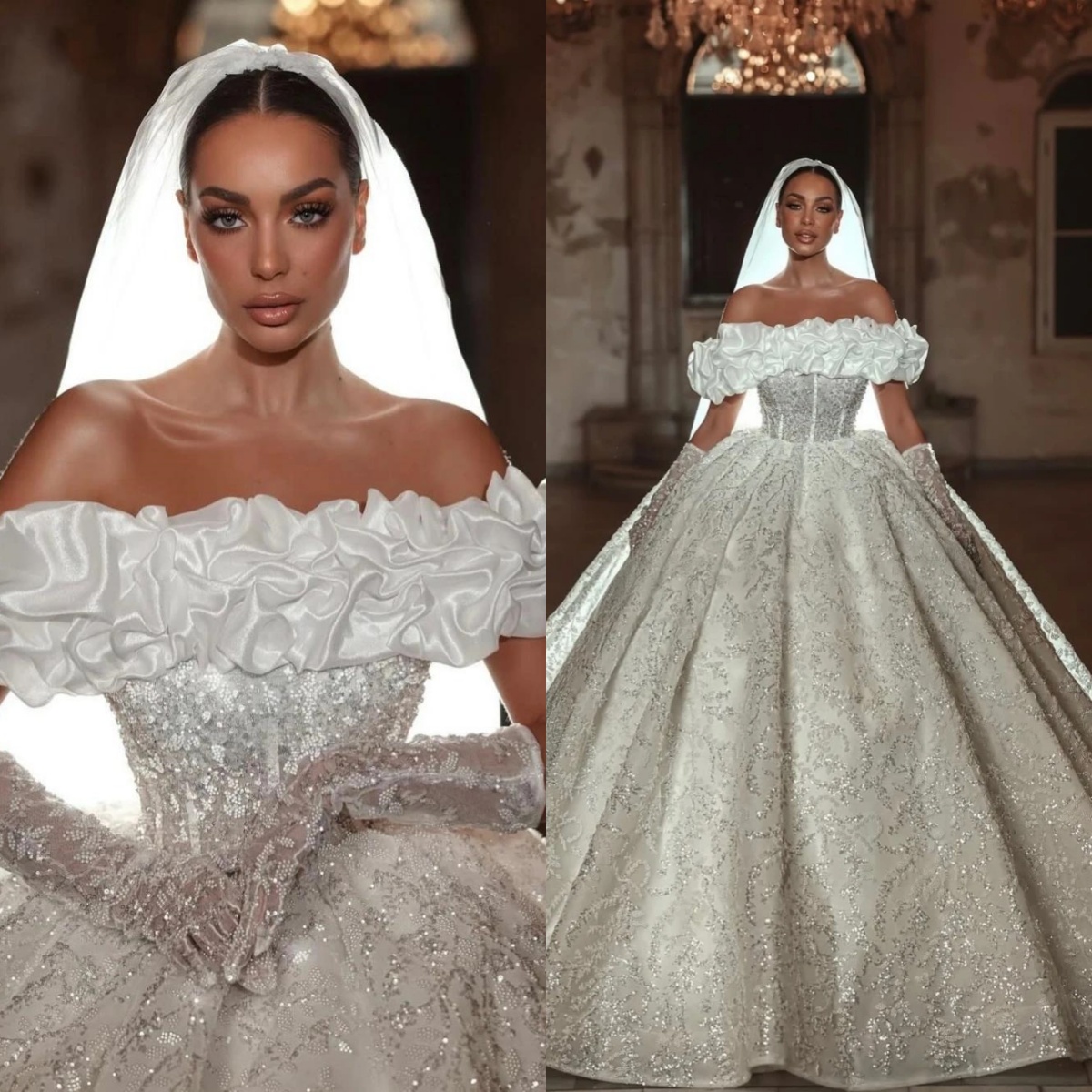 Modern Off the Shoulder Wedding Dress Elegant No Gloves Sequined Ball Gown Floor Length Customized Women Bridal Gown