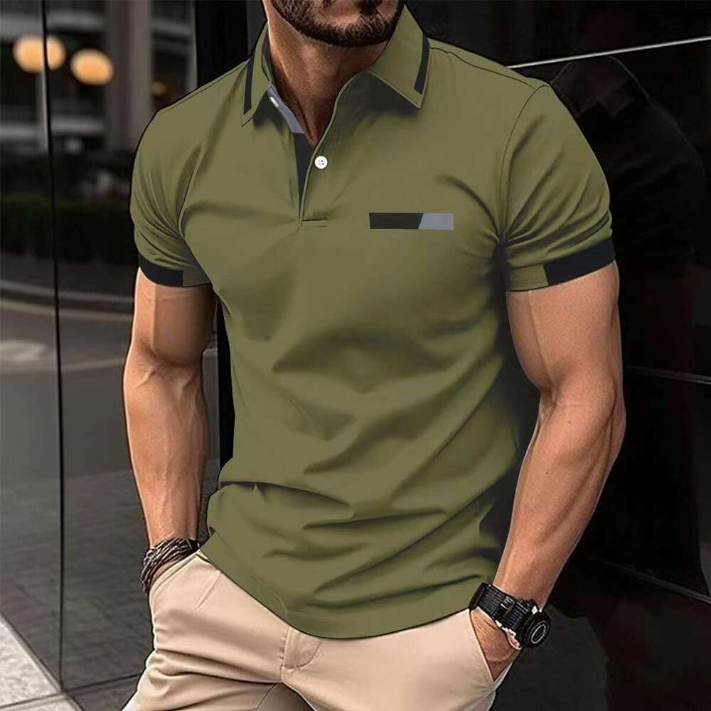 New men's casual polo shirt with fake chest pocket, lapel button, business T-shirt top, 2025 new style, chic and elegant clothing