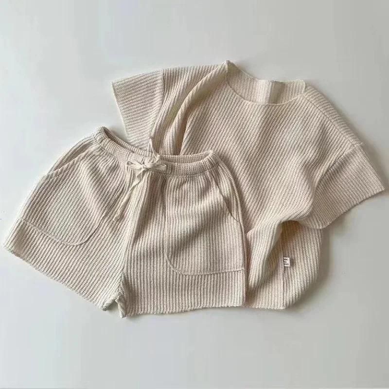 Korean Version Summer Kids Baby Girls Boys Short Sleeve Solid Top Tees Shorts Pants Infant Cute Pure Cotton Loose Clothing Set 250407
