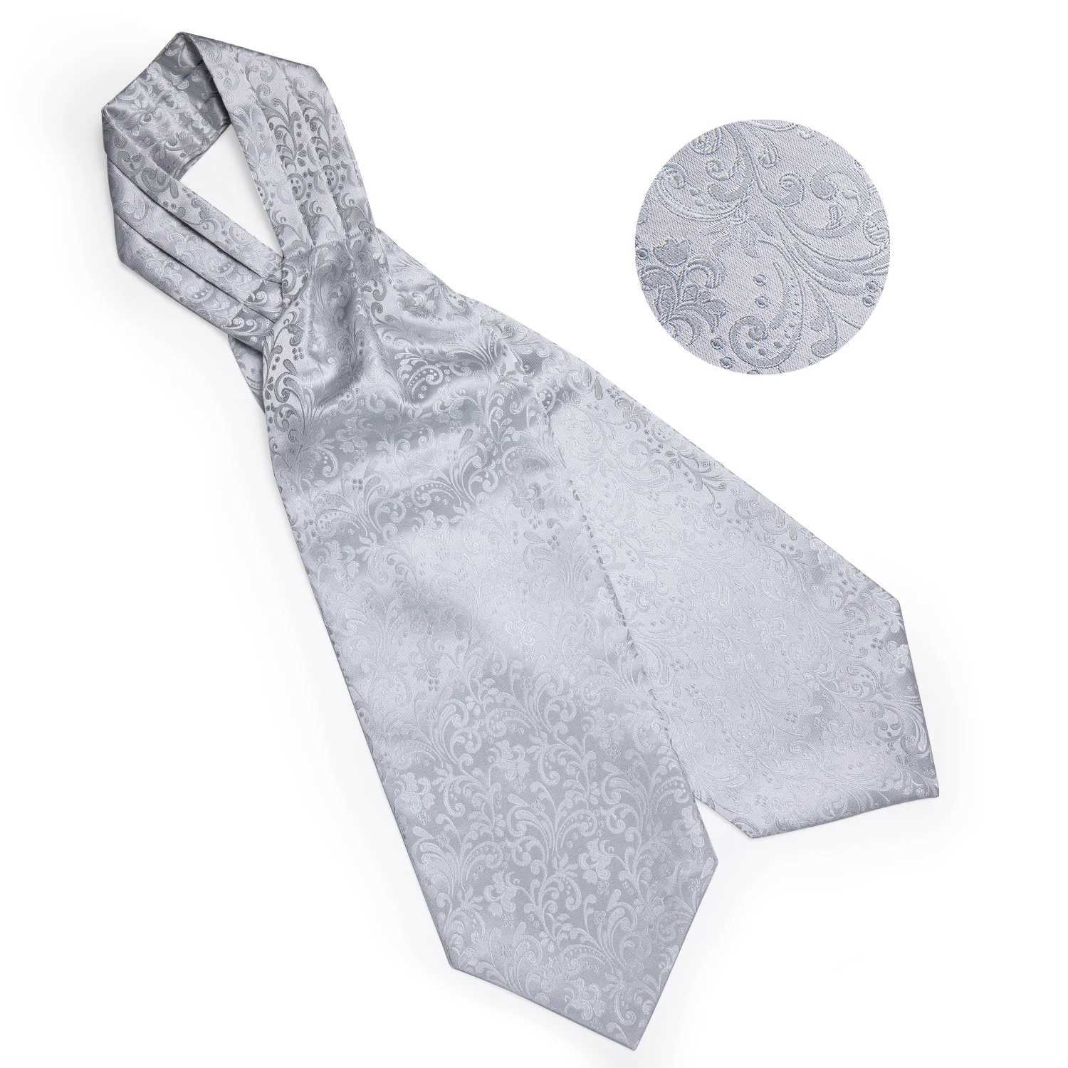 Men Luxury Silver Paisley Silk Ascot Tie Set Wedding Party Cravat White Ties Handkerchief Cufflinks Necktie Ring Sets DiBanGu X250407