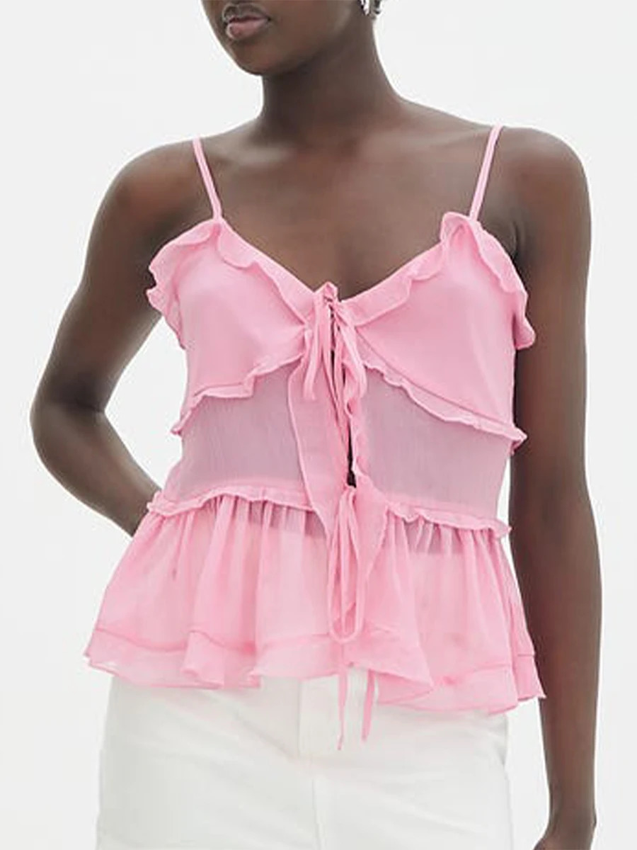 Womens Summer Casual Cami Tops Sleeveless Backless Solid Color Tie Up Ruffle Vest 250407