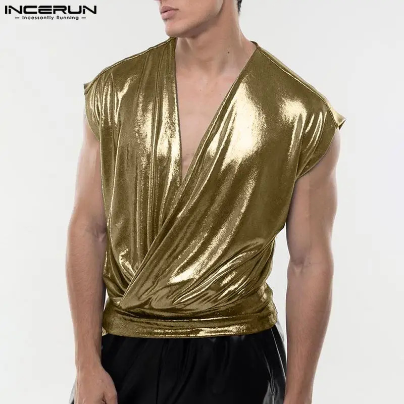 Mens Tank Top Sparkling V-neck Casual Mens Tank Top Solid Summer Fashion Mens S-5XL INCERUN 250402