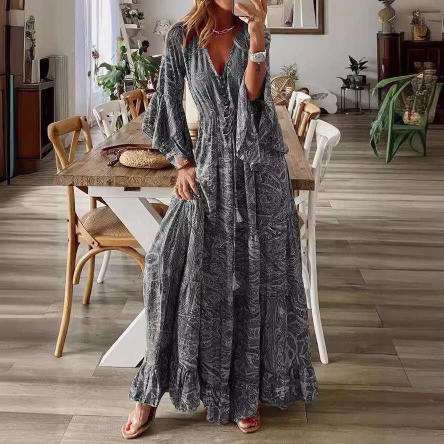 2025 Cross-Border Bohemian Style Bell Sleeve Printed V-Neck High Waist Vacation Floral Women's Long Dress