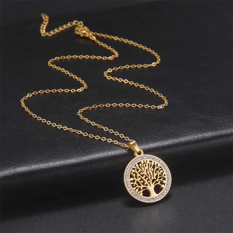 Trendy Stainless Steel Rhinestone Tree of Life Pendant Necklace For Women Charm Summer Clavicle Chain Jewelry Colgantes CadenaC250407