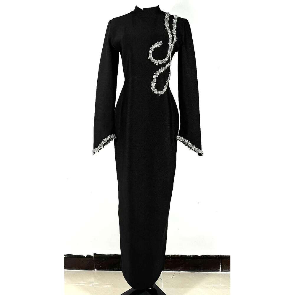GPBD 2025 New Black And Slim Beaded Sleeve Bandage Long Dress Maxi Dresses For Women