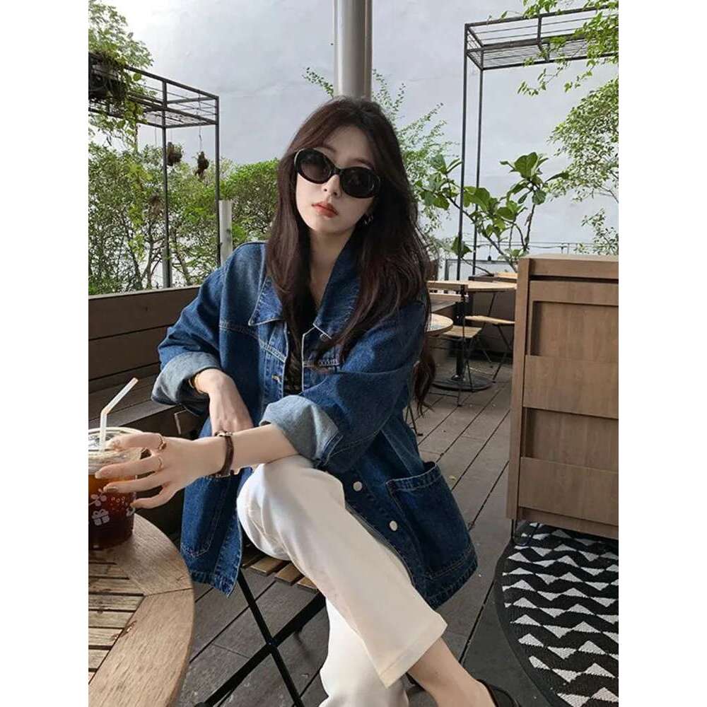 Simple Casual Loose Denim For Women Large Pockets Retro Turn Down Collar Long Sleeve All Match Jacket Coats Chic