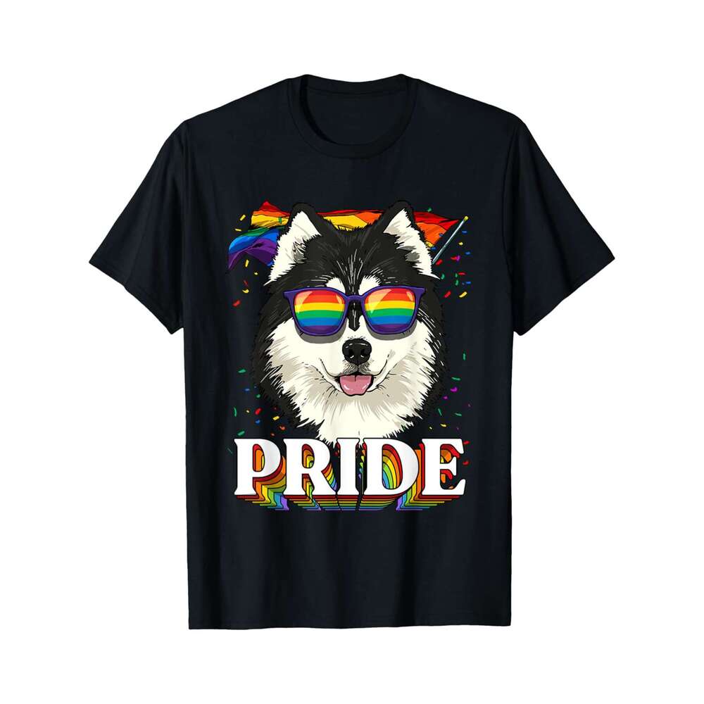 Designer T shirt LGBT Alaskan Malamute Gay Pride Rainbow Flag Sunglasses - 220g Tshits