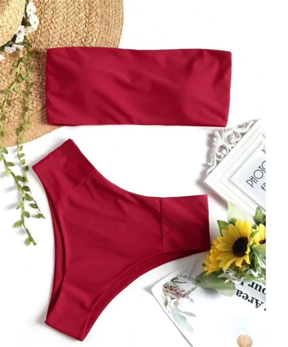 Dongdumaoyi Bandeau Bikini Women Solid Yellow Push Up Off Shoulder Swimwear Female Bathers Bathing Suit High Waist Swimsuit Biquini