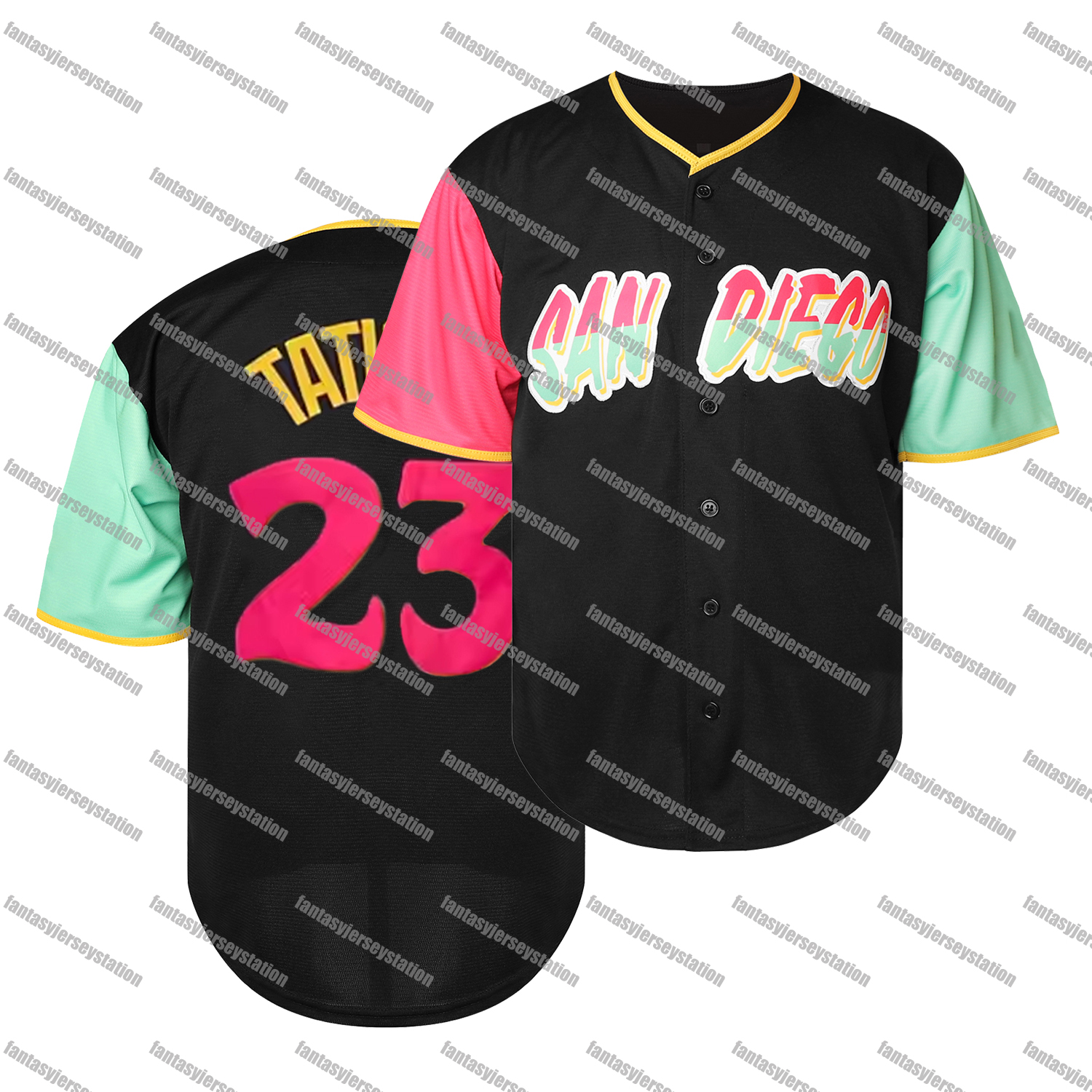 In Stock Mens Polyester 23 Black Baseball Jersey - V-Neck, Polyester, Adult Unisex, Short Sleeve Sports Top for Training, Embroidered Tatis Jr. S-3XL