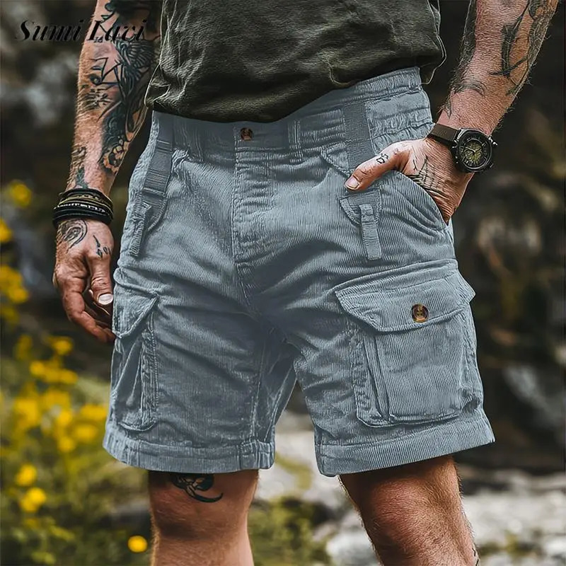 Trendy Loose Mens Straight Shorts Summer Casual Solid Color Corduroy Fashion Patch Work Pocket 250403