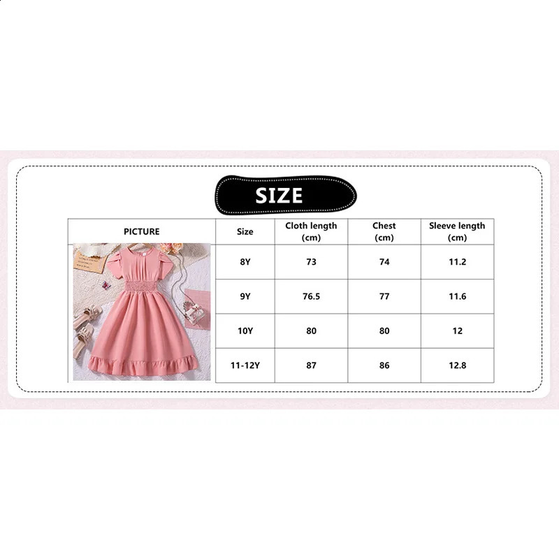 Summer Girl Dress Cute Style Solid Pink Frill Short Sleeve Lace Princess Dresses Fashion Sweet Baby Girl 8-12 Age Dress 250408