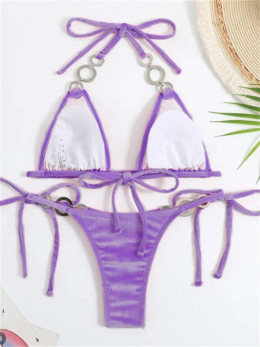 Dongdumaoyi Sexy Triangle Bikinis Set Women Solid Pink Criss Cross Velvet Swimsuit Luxury Rhinestone Bathing Suit Metal Swimwear Y K