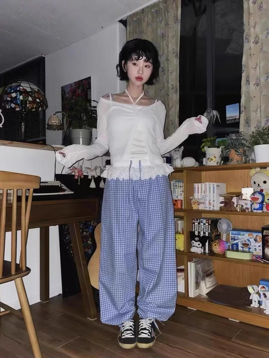 Korean style cute dress plain weave lace casual pants Baggy fresh Harajuku straight pants Y2k wide leg pants 250402