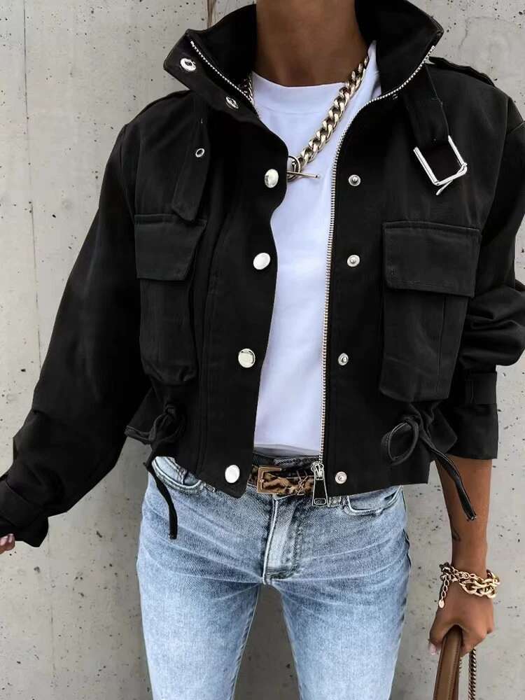 Women's New Fashionable Printed Short Casual Ladies' Autumn Rivet High Neck Long Sleeved Single Breasted Jacket
