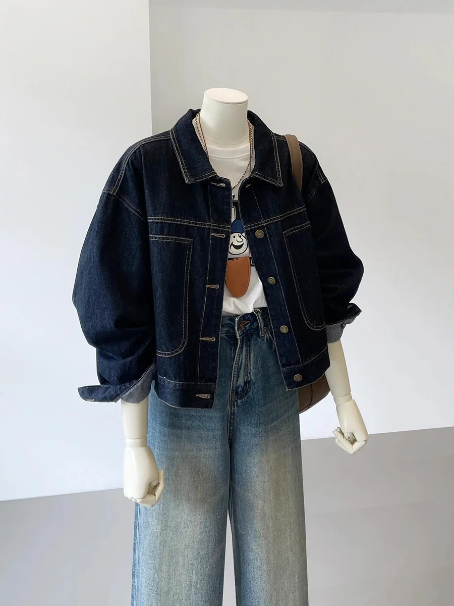 Navy Blue Short Denim Jacket for Womens Work Style SpringSummer Korean Casual Pocket n Feels Thin Shirt 250407