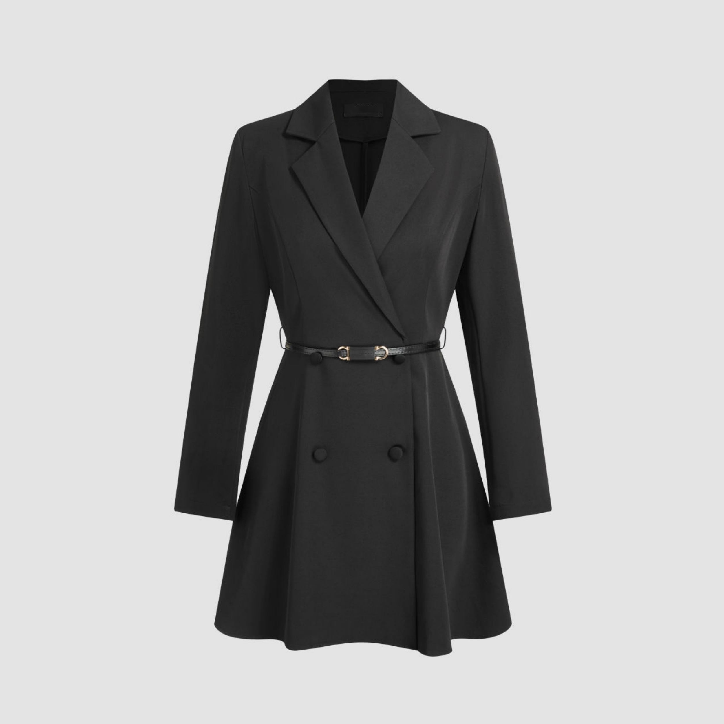 Women's Black V-neck Mini Blazer Dress Notched Collar Mid Rise Work Dress With Belt