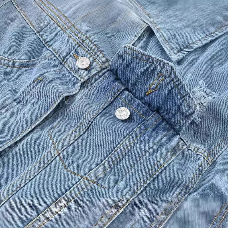 Denim jacket womens single chest blue hole lapel Y2k streetwear spring patchwork autumn 250407